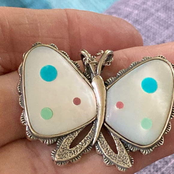 Vintage Carolyn Pollack Inlaid MOP Sterling Silver Butterfly Pendant Necklace - Picture 6 of 11